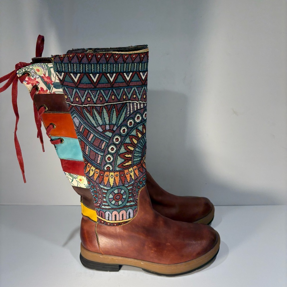 Bohemian Socofy Patchwork Lace-Up Boots - Picture 7 of 12